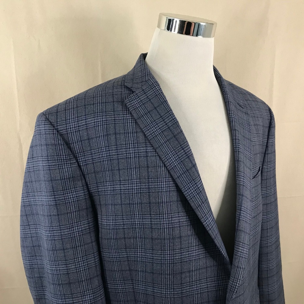 Jos. A. Bank 48R Sport Coat 100% Wool Blue Plaid Two Button Double Vented
